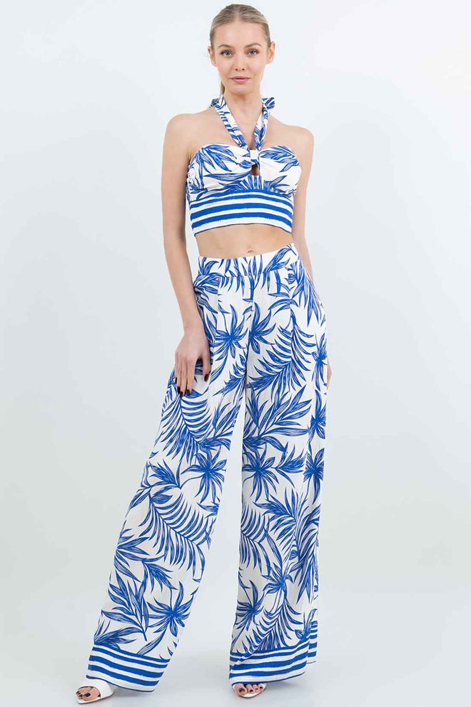 Blue Printed Palms Pants Set