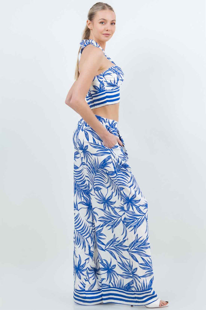 Blue Printed Palms Pants Set side