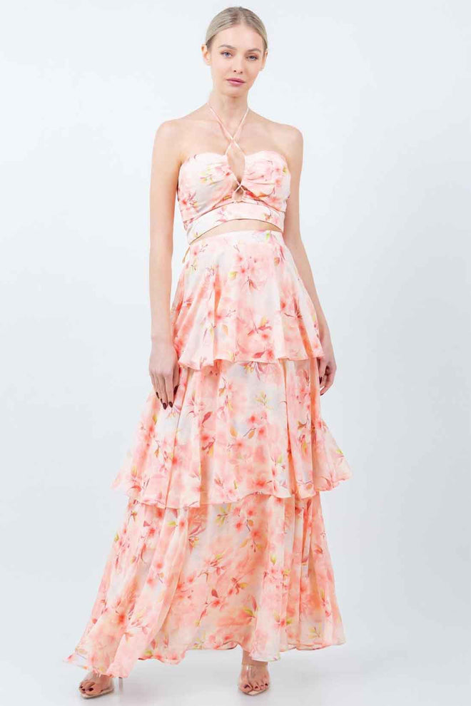 Coral Printed Maxi Skirt Set