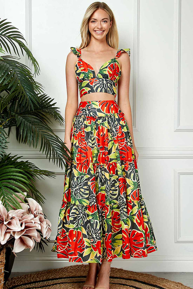 Chiara Rust Green Printed Skirt Set
