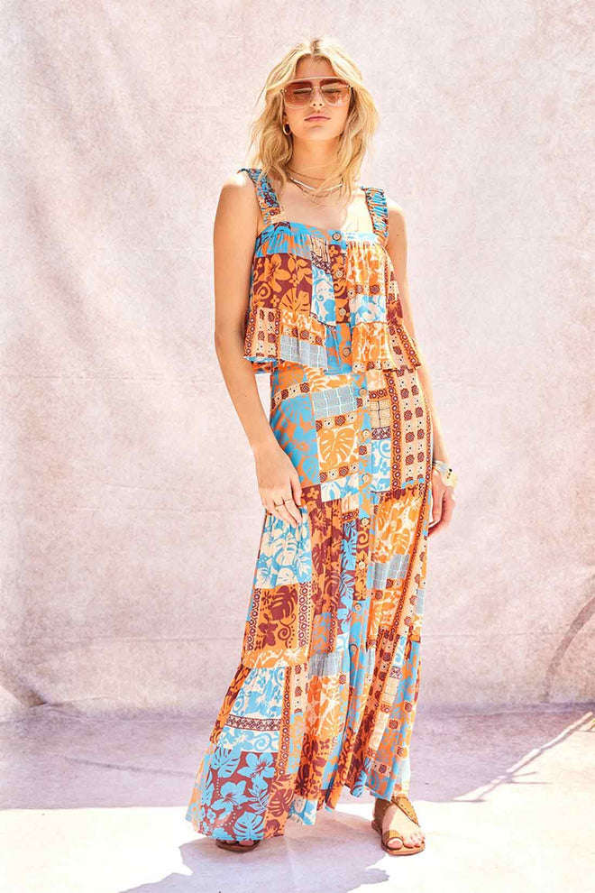 Orange Patchwork Maxi Skirt Set