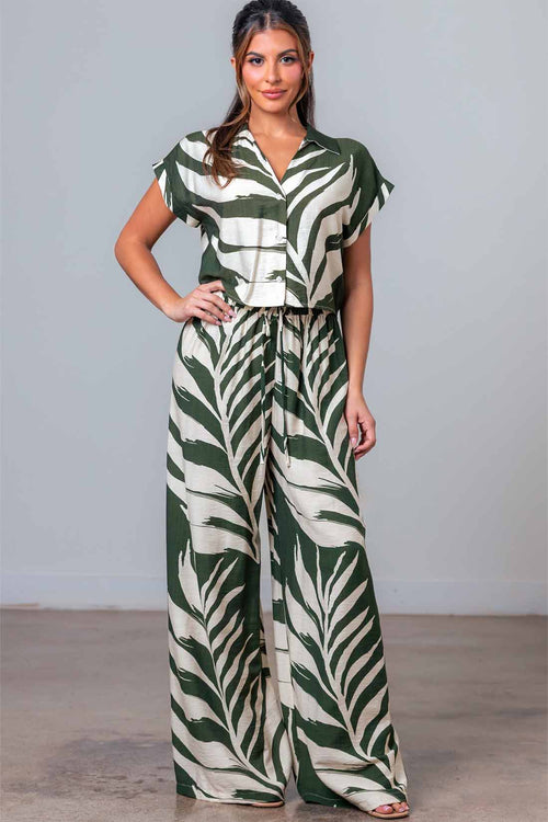 Olive Linen Leaf Pants Set