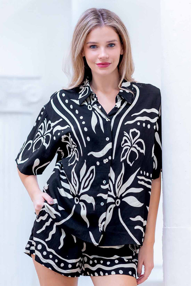 Black Printed Shorts Set front