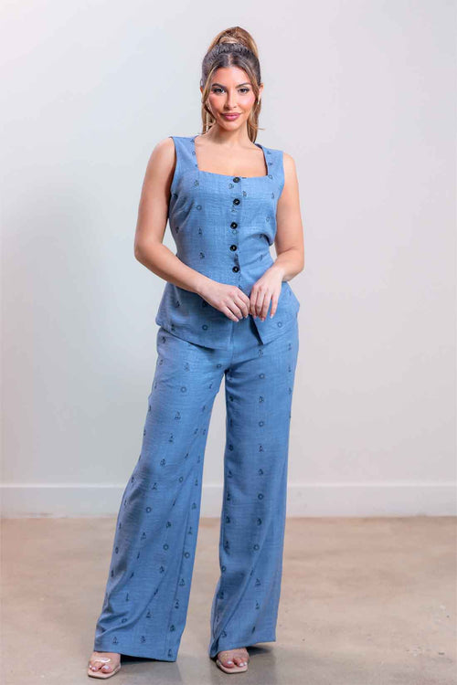 Blue Embroidered Pants Set