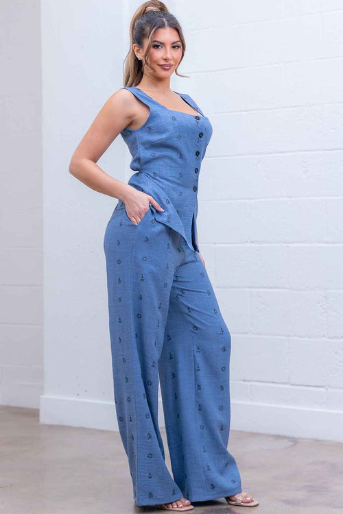 Blue Embroidered Pants Set side