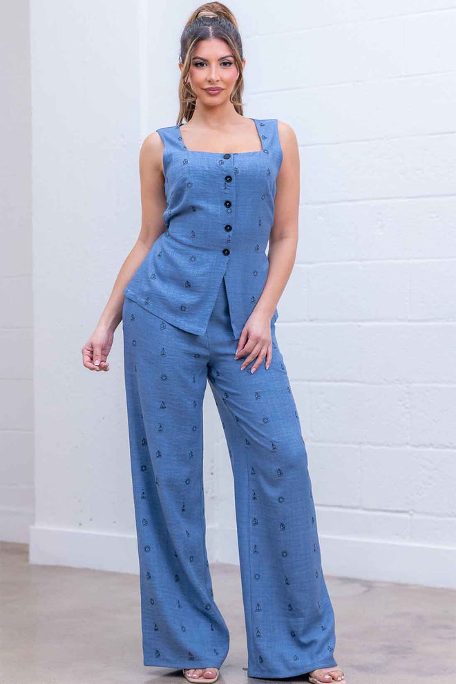 Blue Embroidered Pants Set