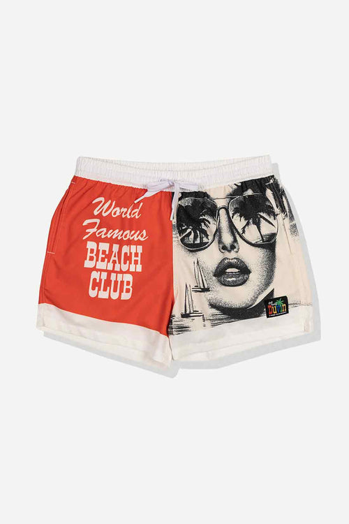Beach shorts with a graphic design and text on a white background