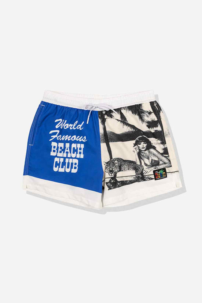 Blue and white shorts with 'World Famous Beach Club' text and vintage-style graphic on a white background