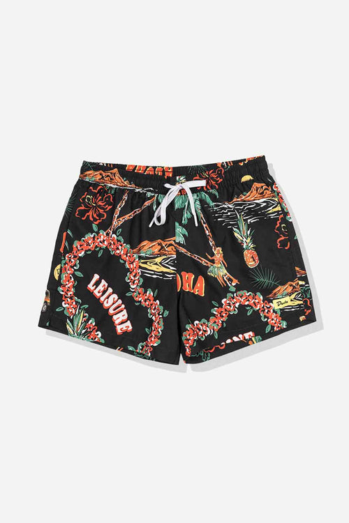 Black shorts with colorful floral and graphic design on a white background