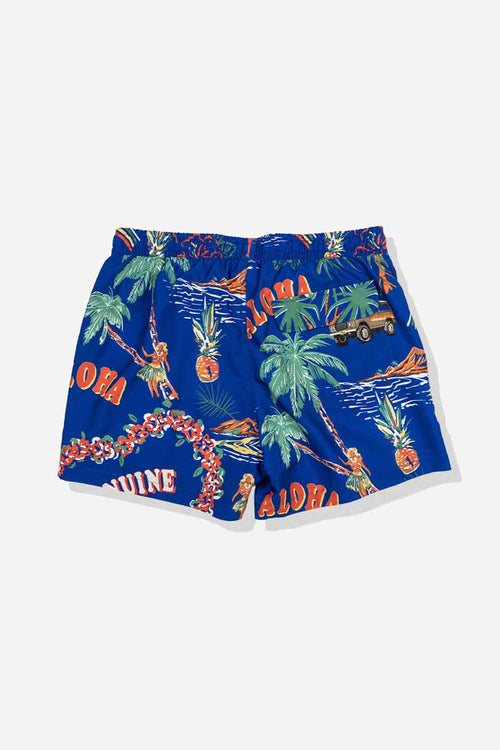 Blue swim shorts with tropical pattern on a white background