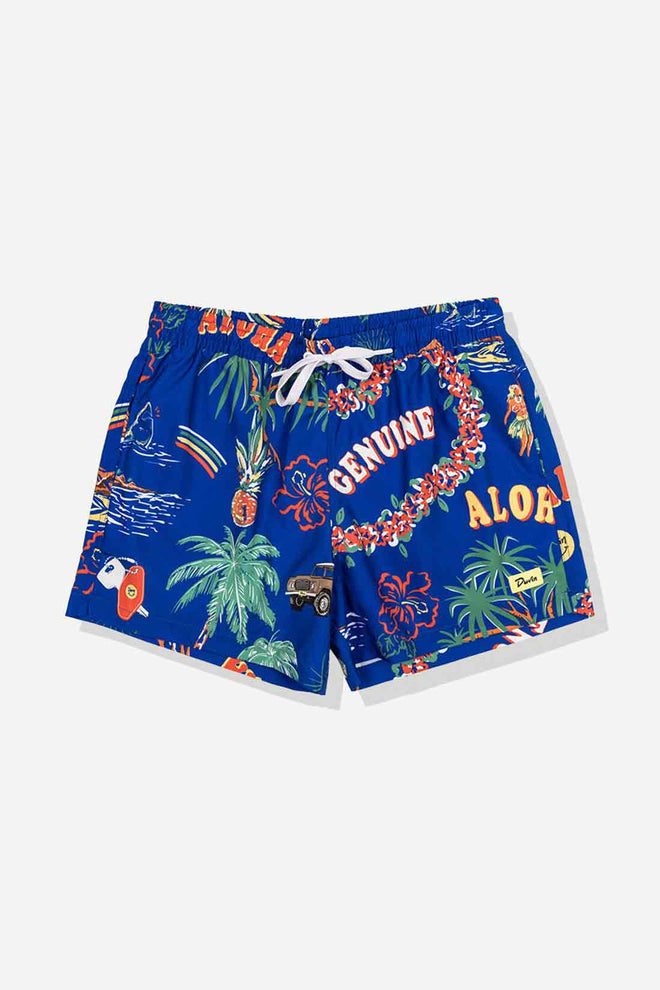 Colorful swim shorts with tropical patterns on a white background