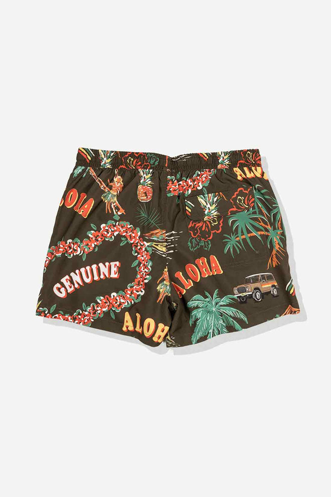 Tropical patterned shorts with 'Genuine Aloha' text on a white background