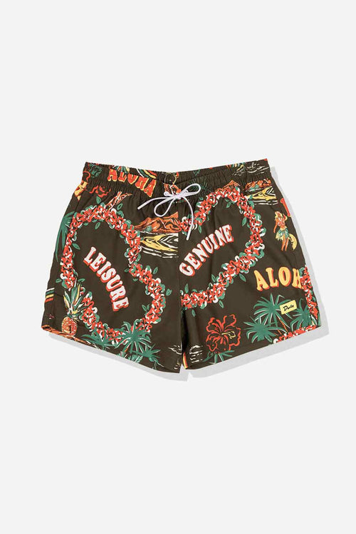 Tropical patterned shorts with floral designs and text on a white background