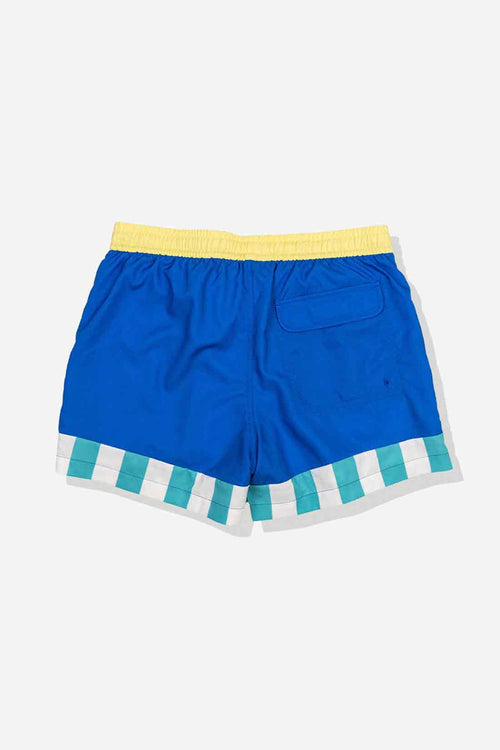 Blue shorts with yellow waistband and striped hem on a white background