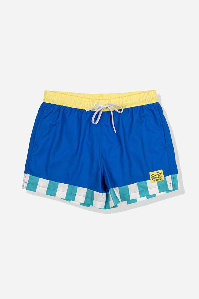 Blue swim shorts with yellow waistband and striped hem on a light gray background