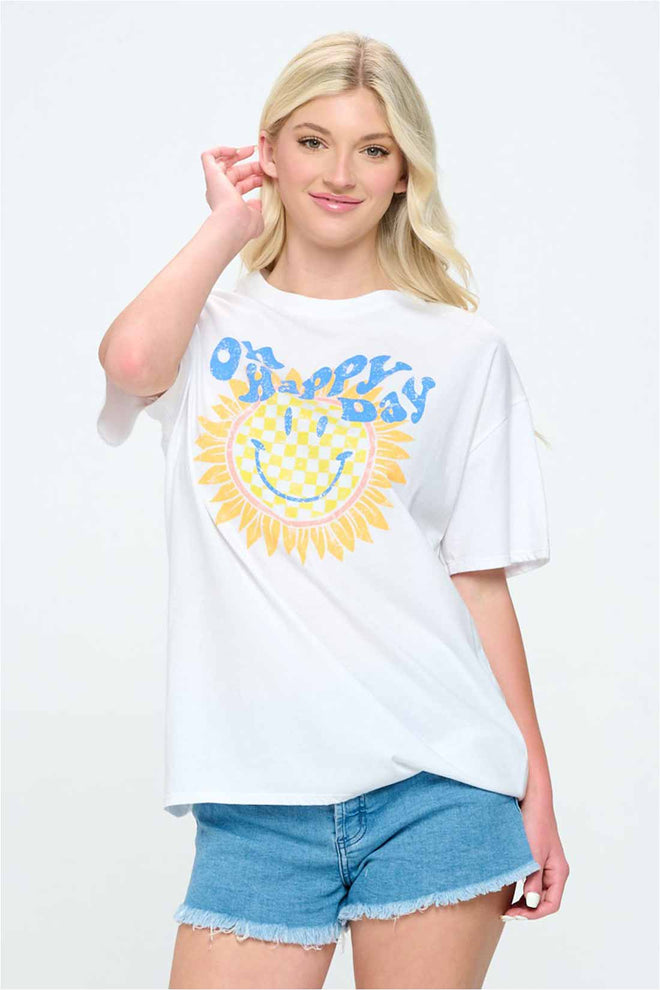 White Oh Happy Day Graphic Top