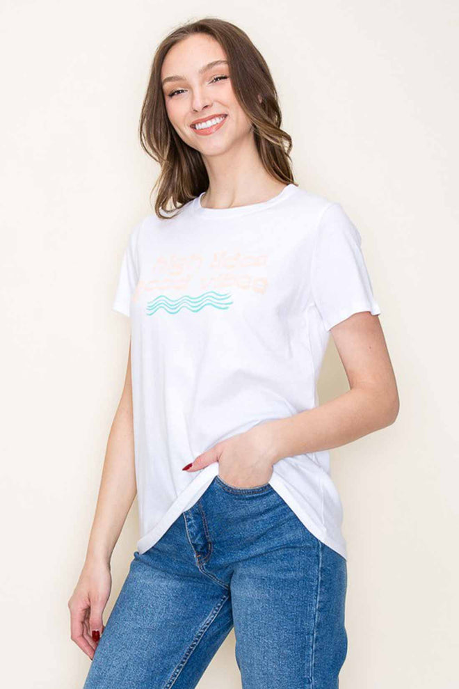 White High Tides Good Vibes Graphic Top side