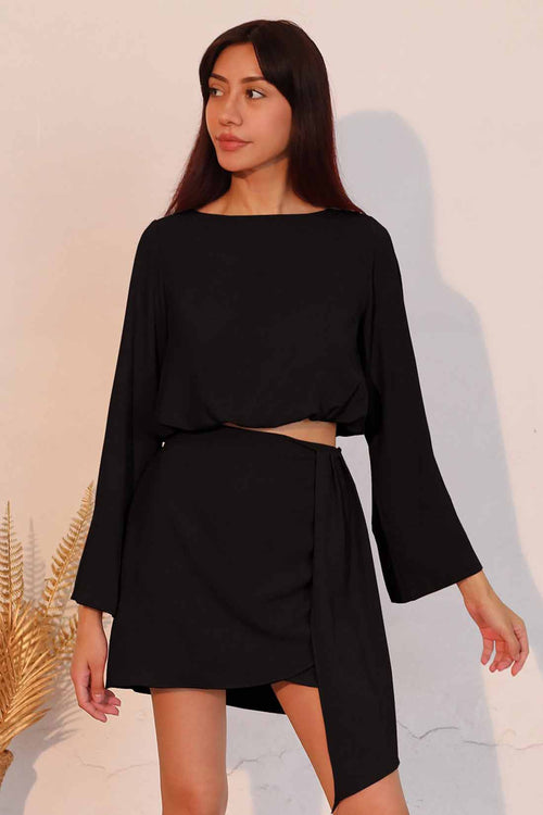 Black Long Sleeve Mini Skirt Set front