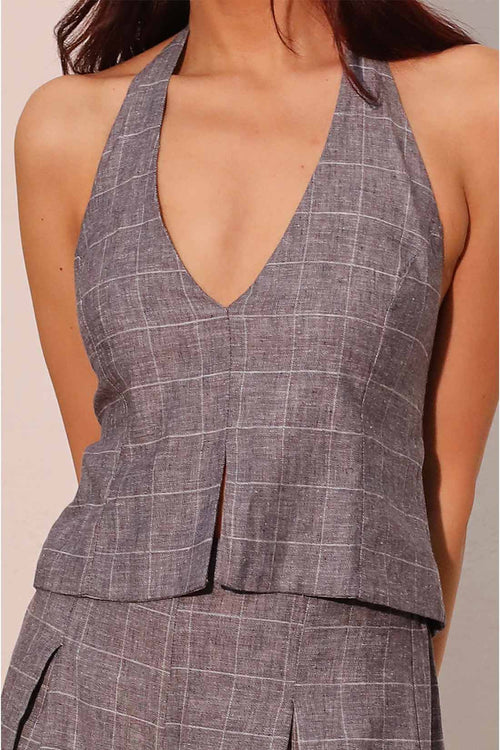 Denim Linen Plaid Pants Set details