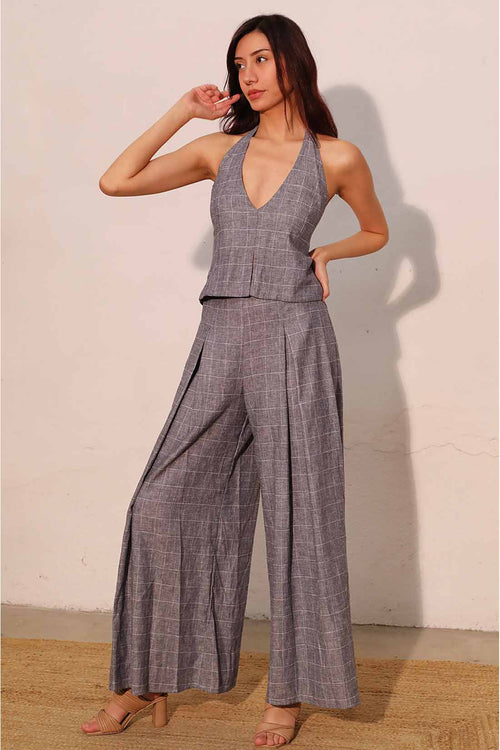 Denim Linen Plaid Pants Set