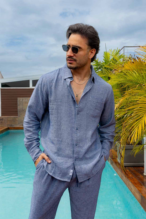 Navy Linen LS Shirt