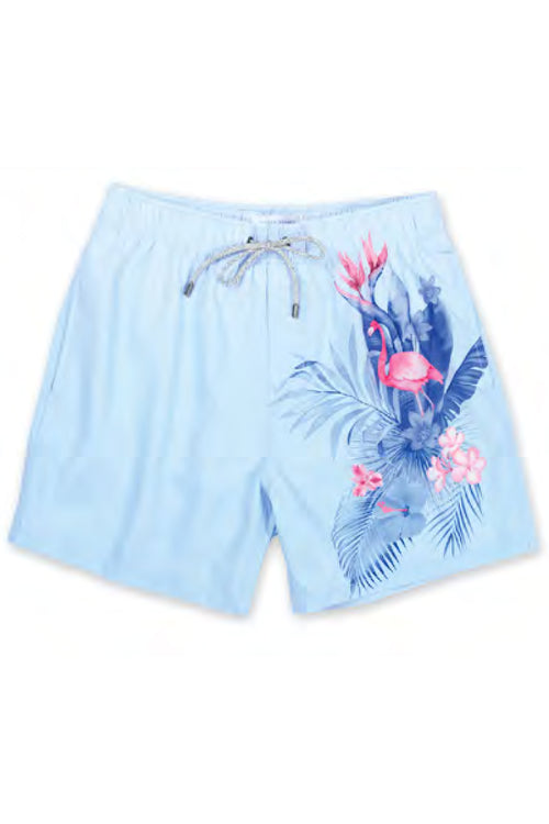 Light Blue Flamingo Printed Swim Trunk