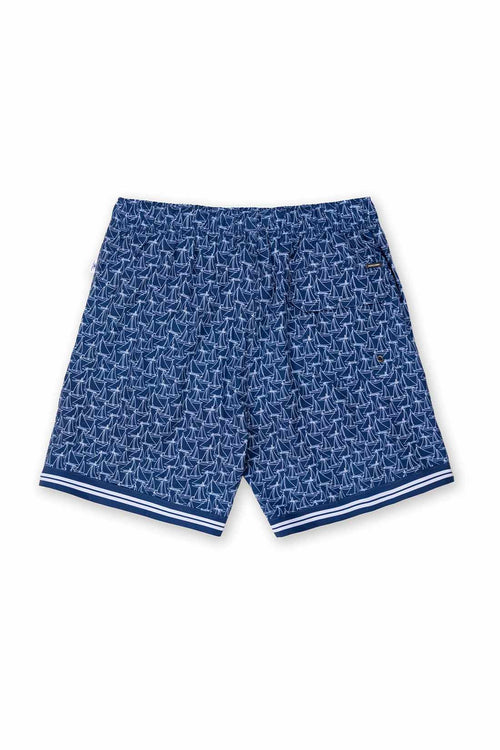 Blue shorts with a pattern on a white background