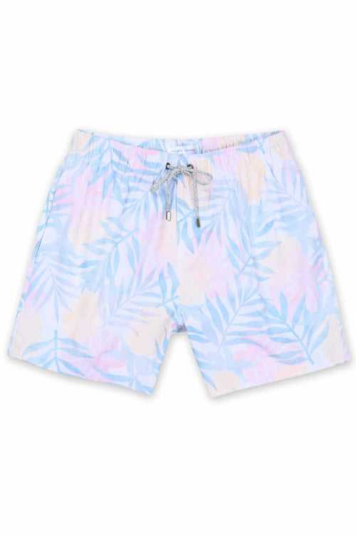 White Printed Leaves Boys Swim Trunk