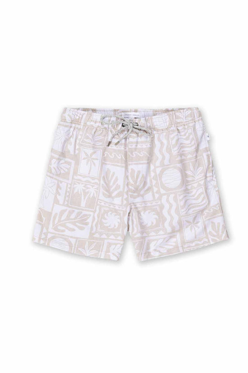 Beige shorts with a geometric pattern on a white background