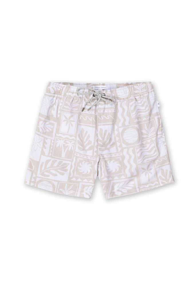 Beige shorts with a geometric pattern on a white background