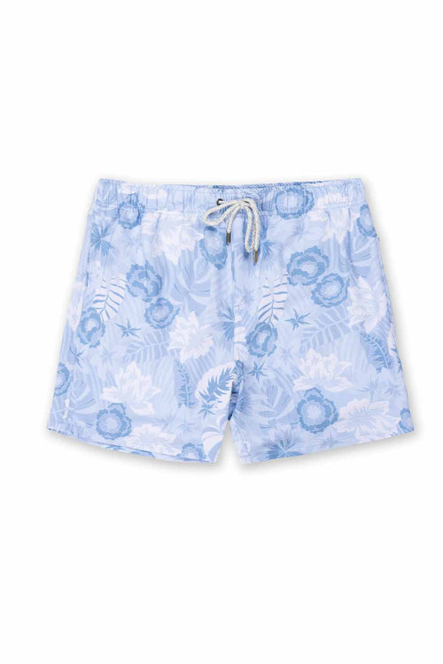 Blue floral-patterned shorts on a white background