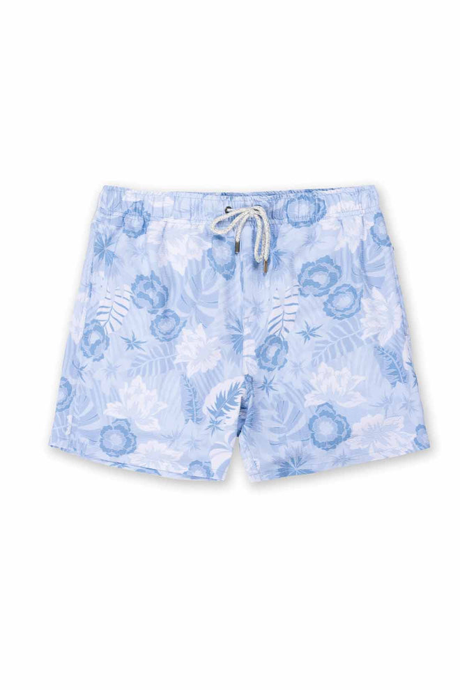 Blue floral-patterned shorts on a white background