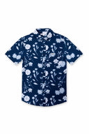 Navy blue shirt with white floral pattern on a white background