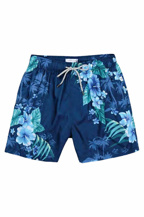 Navy Hibiscus Print Ponji Swim Trunk