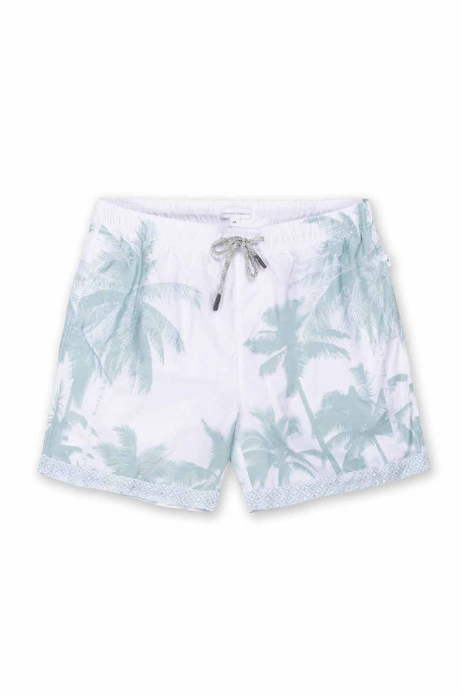 White shorts with light blue palm tree pattern on a white background