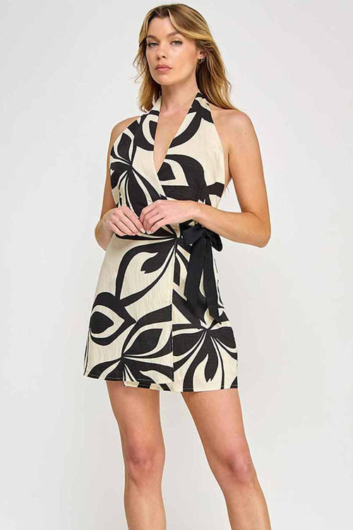 Ivory Black Halter Wrap Mini Dress
