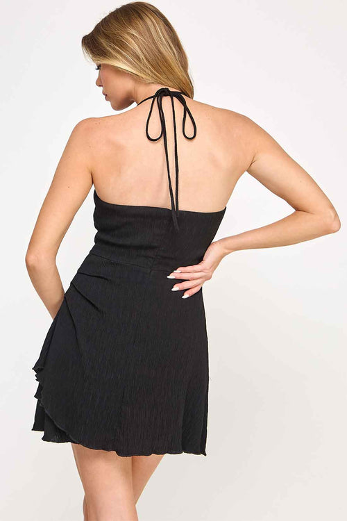 Black Halter Cascade Mini Dress back