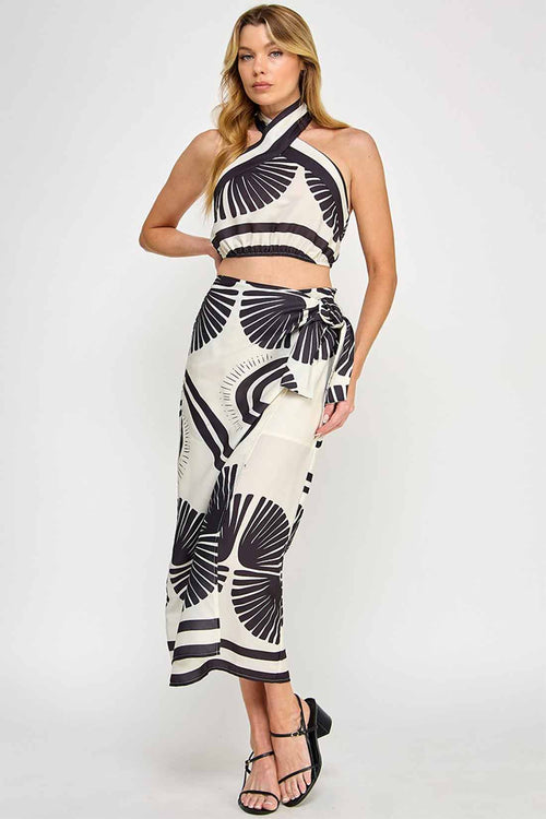 Ivory Black Linen Midi Skirt Set