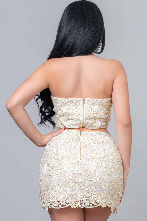Cream Strapless Floral Mini Skirt Set back