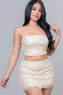 Cream Strapless Floral Mini Skirt Set