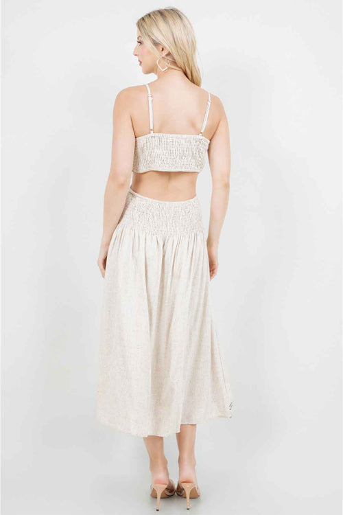 Beige Embroidery Linen Midi Dress back