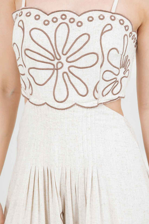 Beige Embroidery Linen Midi Dress detail