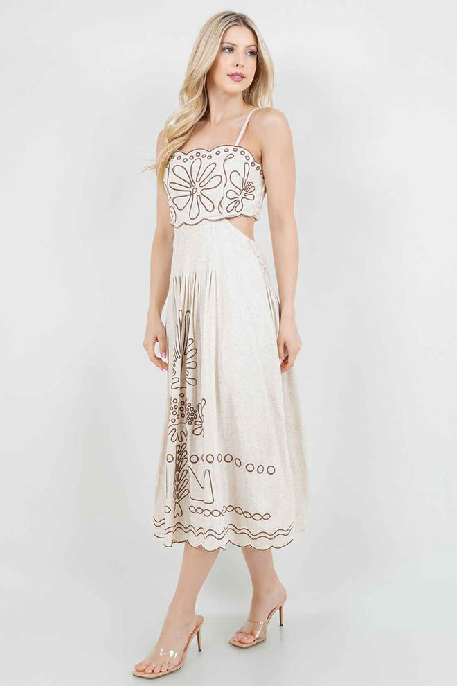 Beige Embroidery Linen Midi Dress side