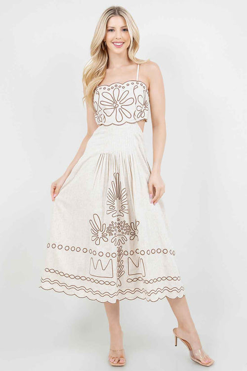 Beige Embroidery Linen Midi Dress front