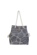 Navy Monstera Straw Tote Bag