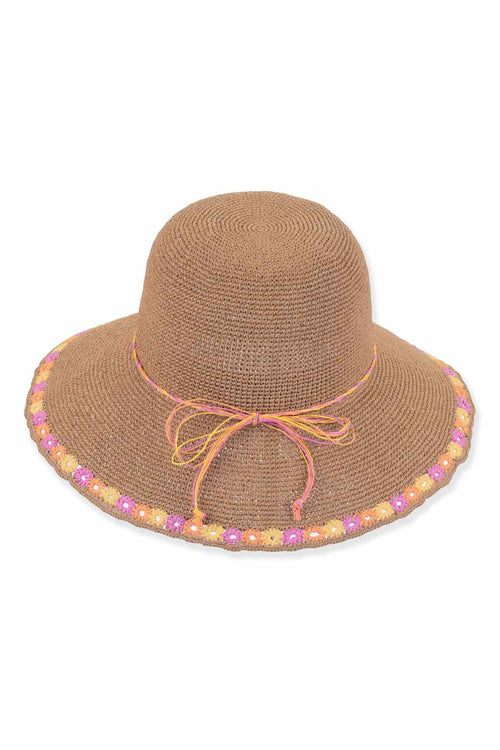 Tan Crochet Flowers Bucket Hat front
