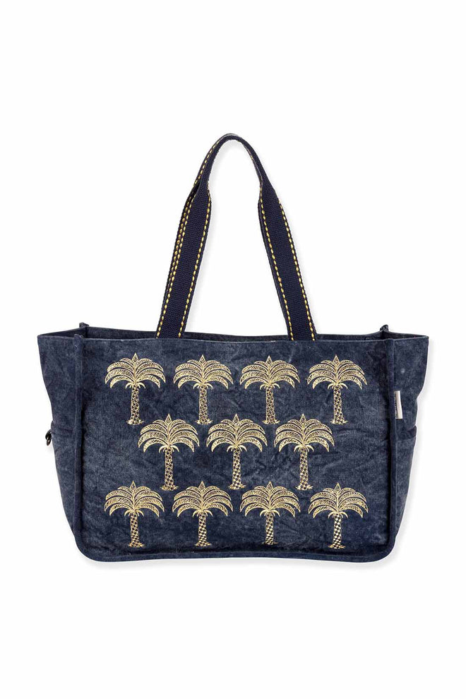 Blue Metallic Palms Shoulder Tote